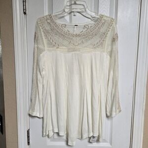 Free People Beige Flowy Lace Top‎ 3/4 Sleeve Size Small